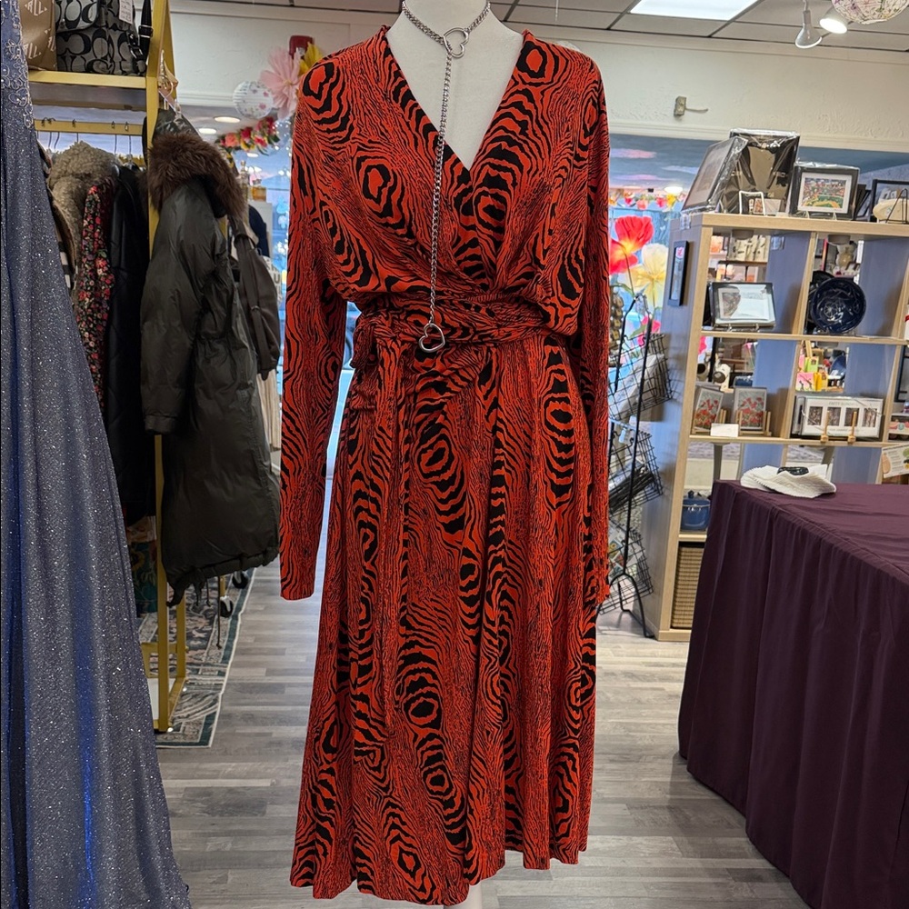 DVF Red Patterned Wrap Dress with Belt